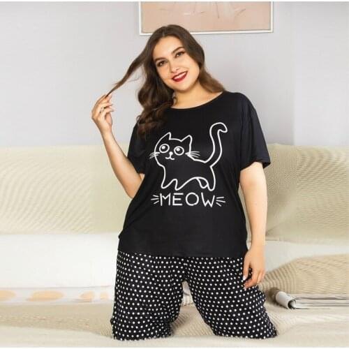 4XL Plus Size Women Summer Nice Cats Cartoon Printing Pajama Sets Short Sleeve Pajamas Soft Pyjamas Sleepwear Autumn Homewear