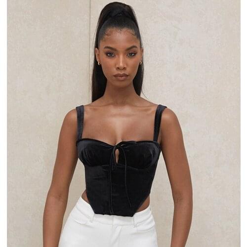 QuanRun Casual Sleeveless Halter Black Front Drawstring Tank Top Sexy Women Vest Party Club Streetwear 2021 Spring Summer