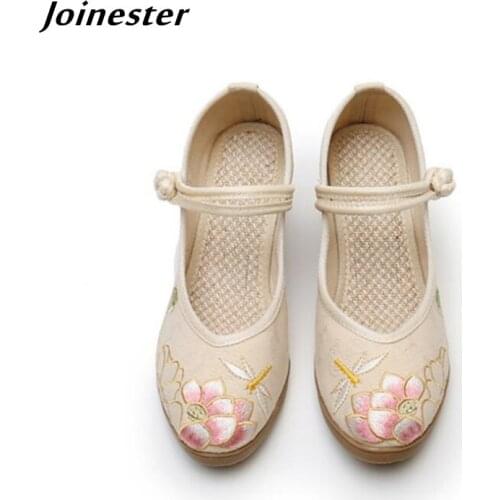 Summer Women Cotton Fabric Embroidered Pumps Ladies Vintage Button Mary Jane Dress Shoes Ethnic Cow Muscle Sole High Heels