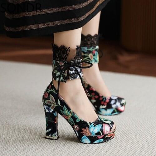 Womens Embroidery Floral Platform Block High Heel Lace Ankle Belt Pumps Sandals Shoes Plus Size 34-43 New 2021