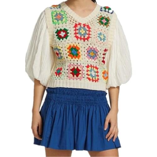 Contrast Color Argyle Sweater Vest Women Hollow Out Crochet Vest 2021 Spring Summer Thin Tank Top Female Knitted Vest Coat
