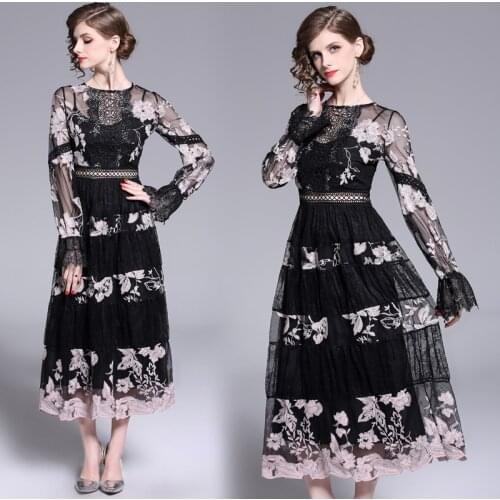 Summer Women Hollow Out Long Flare Sleeve One-Piece Maxi Dress Runway Tulle Mesh Patchwork Pink Floral Embroidered Dress 6513
