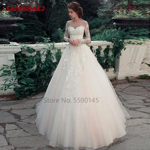 Glamorous Tulle Scoop Neckline A-Line Wedding Dress Lace Appliques Long Sleeves Bridal Gown Vestido De Novia 2020 Online Shop