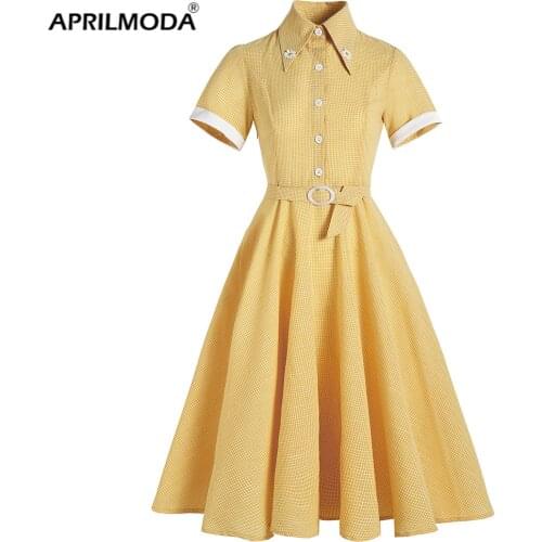 2021 Hepburn Style Shirt Summer Women Dress With Belt Vintage England Plaid Yellow Floral Short Sleeve Swing Pin Up Sundress