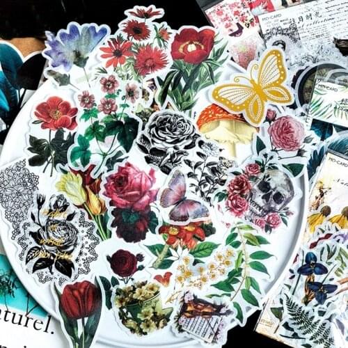 60pcs/pack Flowers Stickers Retro Foil Flower Green Leaves Plant Sticker Home DIY Art Decoration Album Diary Gift E6332