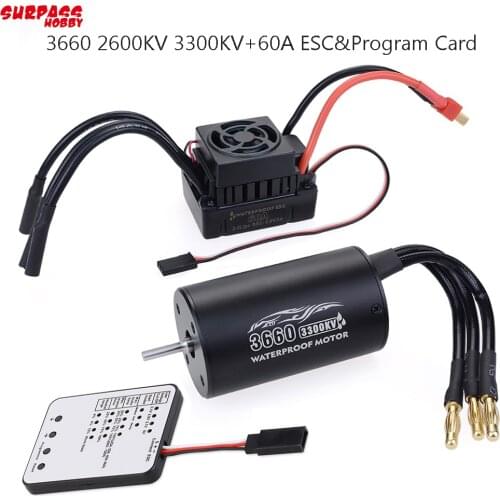Surpass RC 3660 2600KV 3300KV Sensorless Brushless Motor combo with 60A ESC & LED Programming Card for 1/10 RC Truck Monster