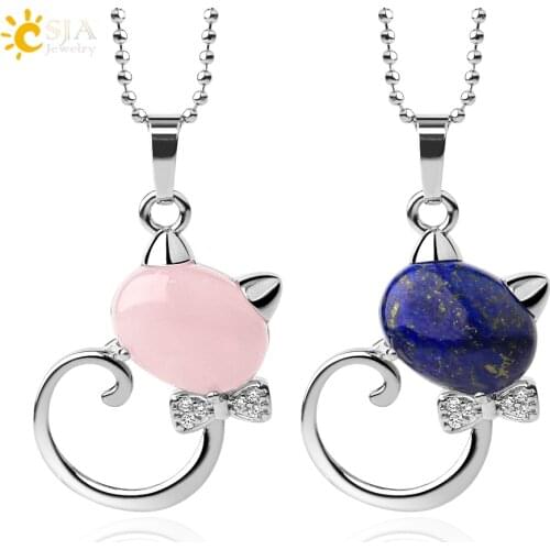 CSJA Animal Pendant Necklaces Natural Stone Cat Head Bow-knot Zircon CZ Silver Color Pendants Trendy Jewelry for Women Girl G538
