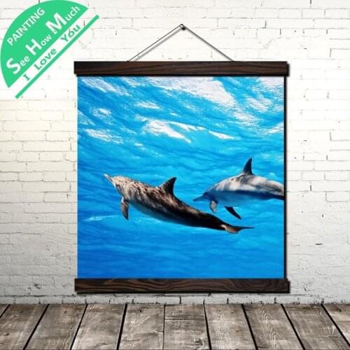 Dolphin Underwater HD Scroll Painting Canvas Vintage Poster and Prints Wall Art Picture Living Room Bedroom Farmhouse Decoration