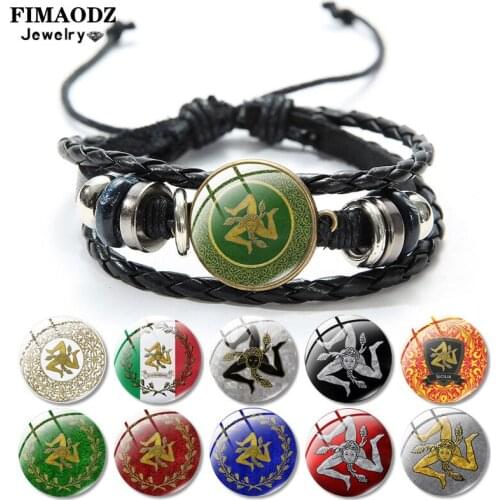FIMAODZ Sicilian Trinacria Leather Bracelet Glass Button Black Woven Bracelets Bangles for Men Women Gift