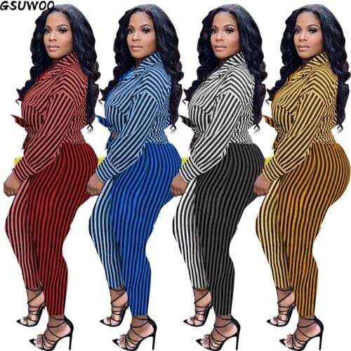 Gsuwoo Fall Women Striped Shirt Pants Sets Fashion Office Lady Long Sleeve Blouses Pencil Pants Outfits Clothes Two Pieces Suit