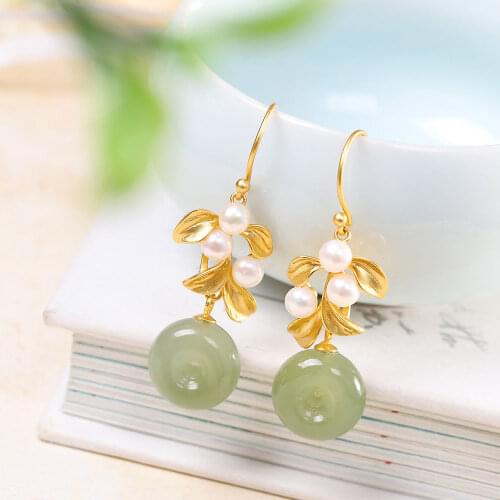 Natural Hetian Jade Gray Jade Safeness Ring Pearl Earrings S925 Sterling Silver Jasper Fashion Ornament for Women