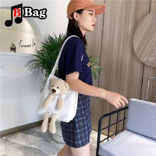 South Korea Ins Canvas Bag Shoulder bag womens Shoulder Bag New Wave Cute Plush Little Bear Student Portable Shopping Bag