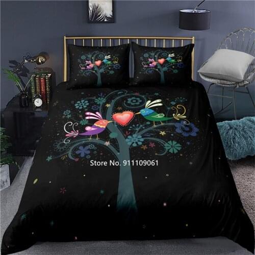 Love Tree Flower Bedding Set Luxury Black Duvet Cover Pillowcase 2-3 Pieces Home Textile High Quality Bird Love Flower Pattern