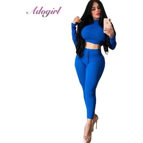 Adogirl Knitted Ribbed two piece sets Women autumn casual solid Crop Tops Tee sweatshirt+Pencil Pants suit set outfit tracksuit
