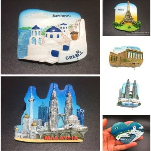 Greek Paris Malaysia Tourist Souvenir Fridge Magnets Santorini Athens Aegean Sea Magnetic Resin Refrigerator Sticker Decoration