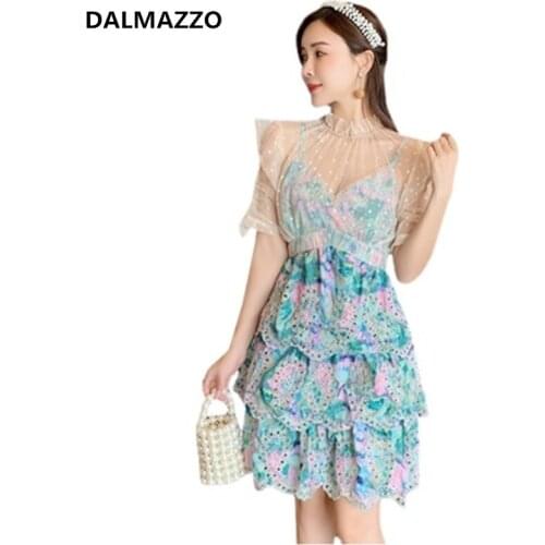 Fashion Women Mesh Patchwork Lace Embroidery Holiday Mini Dress 2021 Summer Designer High Waist Slim Party Cake Vestidos Female