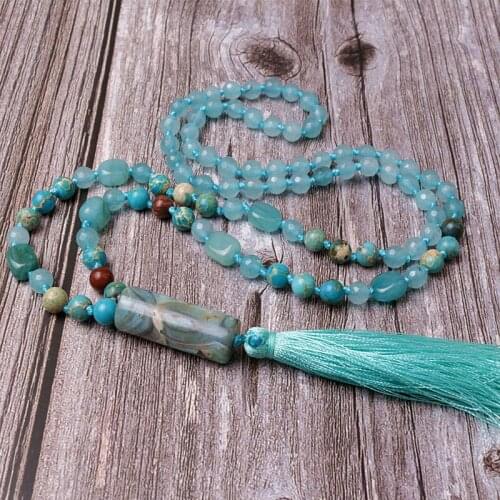 Fashion Bohemian Jewelry Blue Natural Stone Knotted Stone Matching Drop Pendant Tassel Necklace
