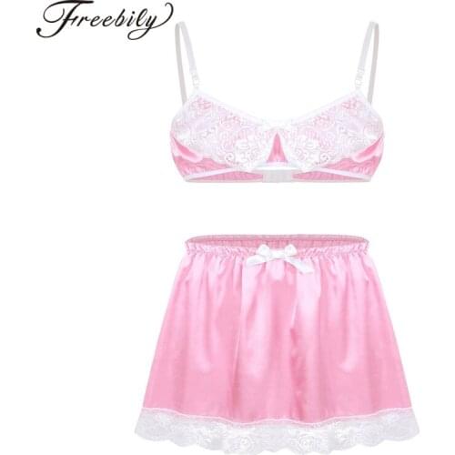 Men Smooth Satin Lace Sissy Lingerie Sexy Hot Exotic Set Adjustable Spaghetti Straps Bra Top with Short Skirt Gay Male Underwear