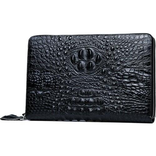 Mens cow leather clutch business envelope bag crocodile pattern handbag big capacity purse double layers zip wallet