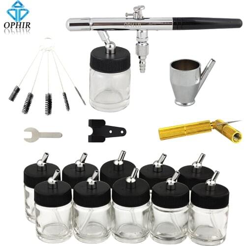 OPHIR 0.35mm Dual Action Airbrush Set w/ 10 Bottbles & Cleaning Tool Kit Air Brush Paint Gun for Model Hobby Body Art_AC072