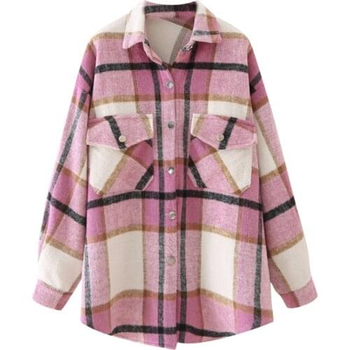 New Women Vogue Checkered Jacket Front Pockets Long Sleeves Lapel Collar Vintage Female Plaid Coat Chic Tops
