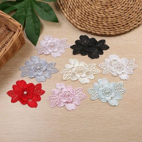 Organza Laminate Handmade beaded pearl Lace flower Width 6 X 10CM Manufacturers Direct Selling Dacron Pearl Guipure Lace Fabric