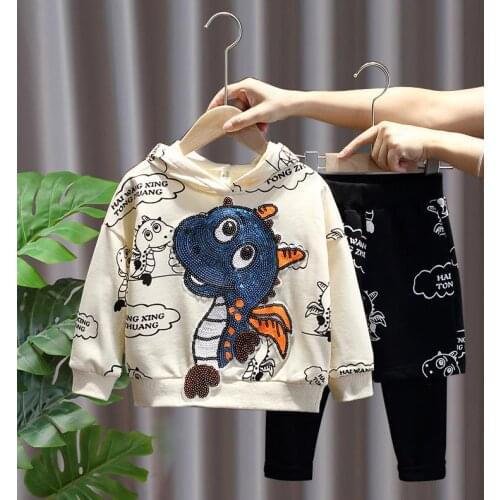 Fall Fashion Sequined Little Dinosaur Kids Boy Hoodies+Pant 2pcs /Set Fake two-piece Design Pants for Child Boys Street Clothes