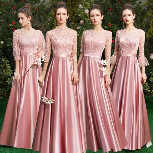 Bridesmaids Dress Vintage Soybean Pink V-Neck Flowers Three Quarter A-Line Floor-Length Lace Tulle Women Wedding Party Gown E178