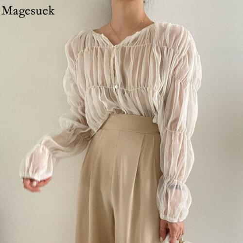 Summer Pleated Chiffon Shirt Korean Fashion Loose Casual Blouse Women Folds Perspective Long Sleeve Tops Blusas Mujer 15624
