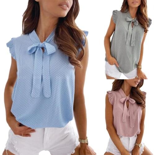 Womens Office Lady Sleeveless Ruffled Edges Polka Dot Neck Strap Shirt Casual Blouse