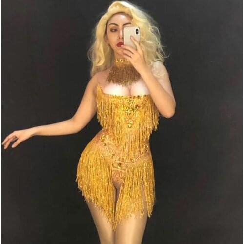 Women Prom Party Stretch Rhinestones Tassel Bodysuit Sexy Dance Fringes Costume Leotard Nightclub Performance Stage Wear