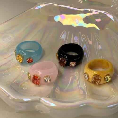 AOMU New Colorful Transparent Crystal Ring Vintage Zircon Acrylic Resin Geometric Round Ring for Women Jewelry New Year Gifts
