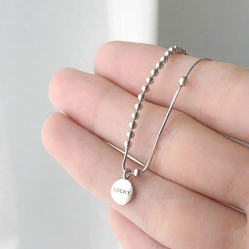 YPAY 100% Real 925 Sterling Silver Chain Necklaces for Women Korea Letters LUCKY Beads Choker Necklace Fine Jewelry Gift YMN200