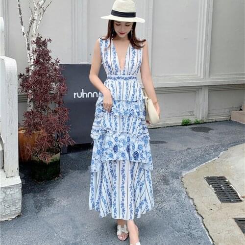 Menahem Sexy Deep V-Neck Irregular Tiered Layer Maxi Dress Womens Sleeveess Blue Print Cascading Ruffles Chiffon Long Sundress