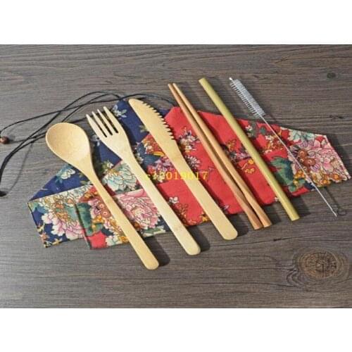 100sets Japanese Bamboo Cutlery Set Bamboo Cutlery Straw Cutlery Set With Cloth Bag Kitchen Cooking Tools