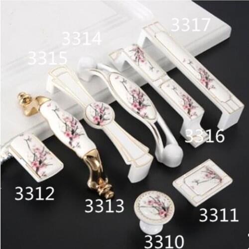 96mm 128mm modern fashion plum blossom ceramic kitchen cabinet cupboard door handles gold white dresser drawer knobs pulls 5"