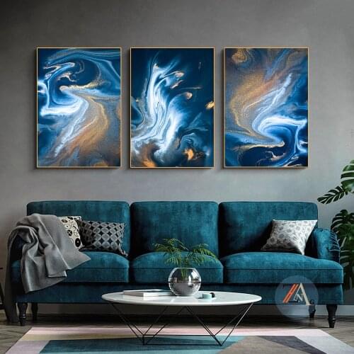Abstract Poster Golden Blue Wave Canvas Painting Nordic Style Prints Wall Art Pictures for Living Room Modern Home Decoration