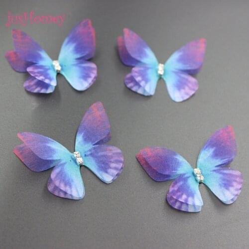 50PCS Purple Blue Gradient Color Organza Butterflies w/ Rhinestone Double-layer Butterfly Accessory for DIY Choker,Hair Jewelry