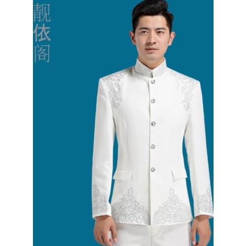 White 2020 new arrival slim men suit set with pants mens suits wedding groom formal dress embroidery chinese tunic suit + pant