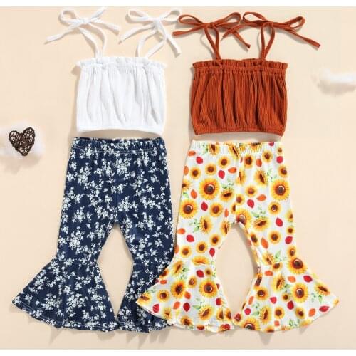 OPPERIAYA Kids Baby Girls Camisole and Trousers Cotton Suit Sleeveless Fashion Solid Color Suspender Tops Printing Trumpet Pants