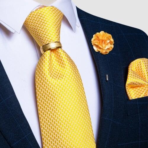 Yellow White Plaid Mens Neck Tie Handkerchief Set 8cm Width Business Wedding Tie With Brooch Tie Ring Luxury Gift Set DiBanGu