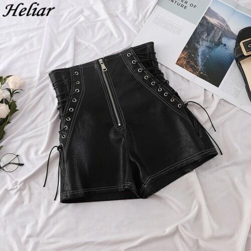 HELIAR Shorts Women Black PU Leather Shorts Cross Bandage High Street Solid Zipper Fly PU Shorts Sexy Hot Shorts 2020 Autumn