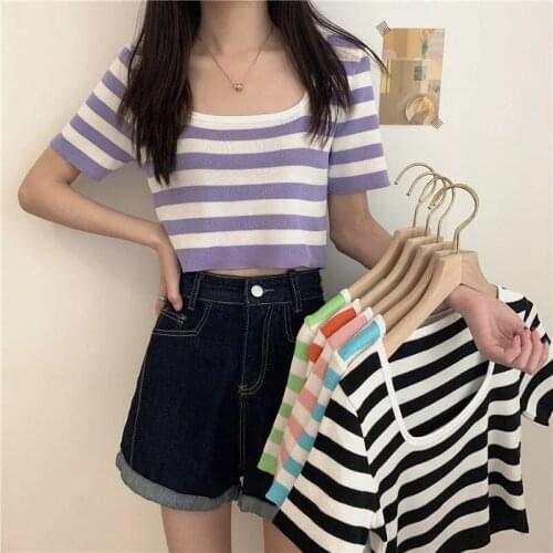 Summer Women Crop Top Preppy Student Striped Shirts Womens Short Sleeve Tops Square Collar Knitted Shirt Ladies Clothes Camisa