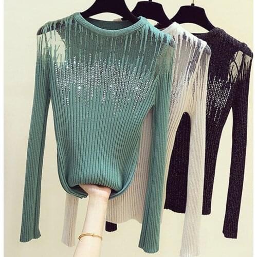 LJSXLS 2021 Fashion Diamonds Thin Knitted Sweater Female Hollow Out Sweaters Women Autumn Top Bright Wire Pullover Woman Clothes