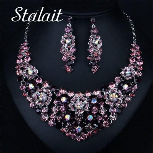 Sumptuous Flower Bridal Wedding Prom Jewelry Purple Crystal Rhinestone Necklace & Earring Set For Women Charm Jewelry