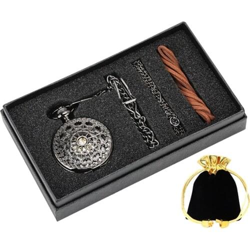 Top Luxury Gifts Sets Retro Web Hollow Design Skeleton Black Mechanical Hand Winding Pocket Watch Chain Necklace Pendant Box Set