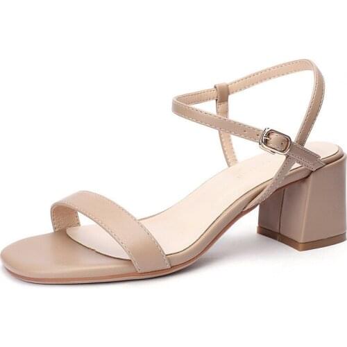 Women Sandals Summer Ladies Flock Buckle Strap 6CM Thick High Heels Round Toe Shallow Back Strap women shoes size 35-40