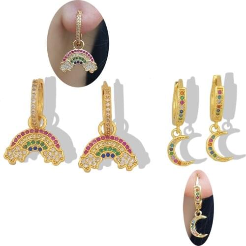 CZ Rainbow Dangle Earrings for Women Pendientes Jewelry Simple Girls Brincos Colorful LGBT Rainbow Charm Moon Drop Earrings Tiny