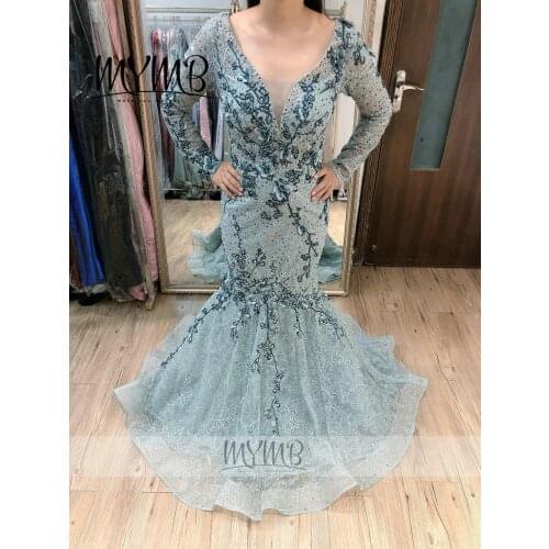 Gorgeous Lace Embroidery Green Mermaid Evening Dress 2021 MYMB Ready Stock Engagement Dress With Big Sizes MY41117