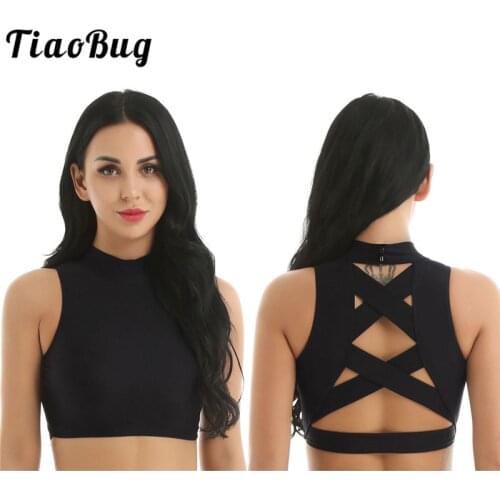 TiaoBug Sleeveless Solid Color Strappy Back Criss Cross Dancewear Women Crop Tops Adult Sports Gymnastics Ballet Dance Costumes
